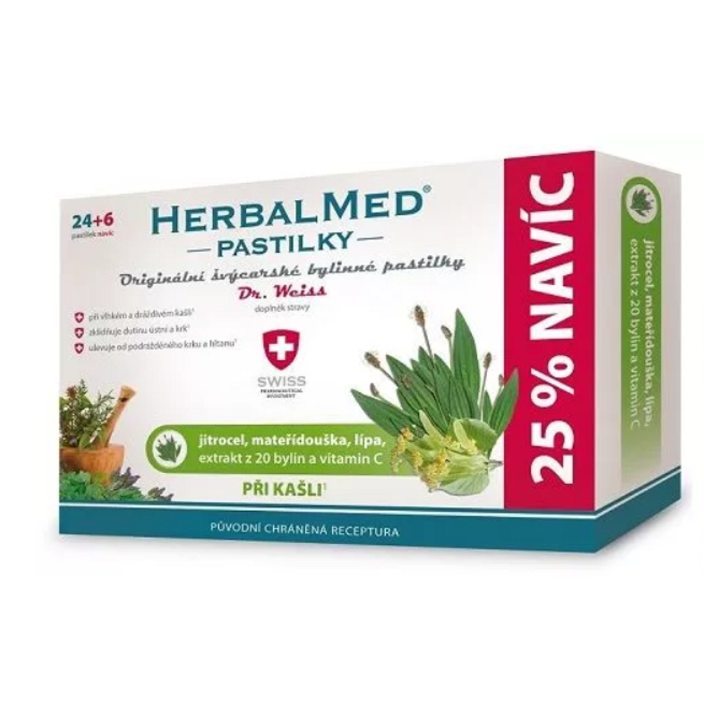 DR. WEISS Herbalmed jitrocel + mateřídouška + lípa + vitamín C 24+6 pastilek