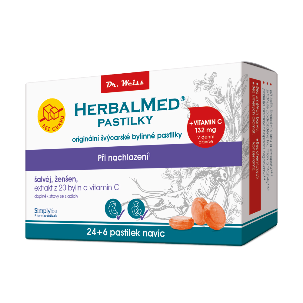 Dr. Weiss HerbalMed Šalvěj + ženšen + vitamin C BEZ CUKRU 24+6 pastilek