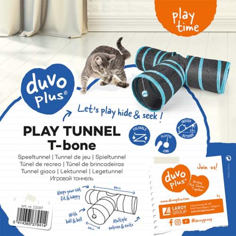 Duvo+ Hrací tunel pro kočky s míčem a zvonkem ve tvaru ” T ”  80x25cm -modroč