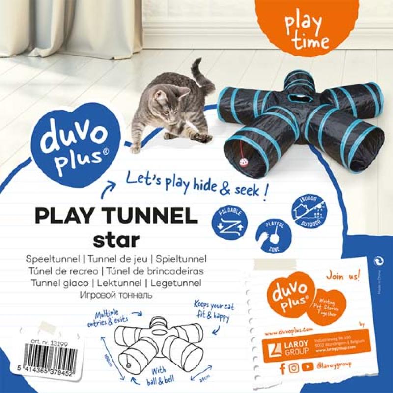 Duvo+ Hrací tunel pro kočky s míčem a zvonkem ve tvaru hvězdy  100x25cm -modroči