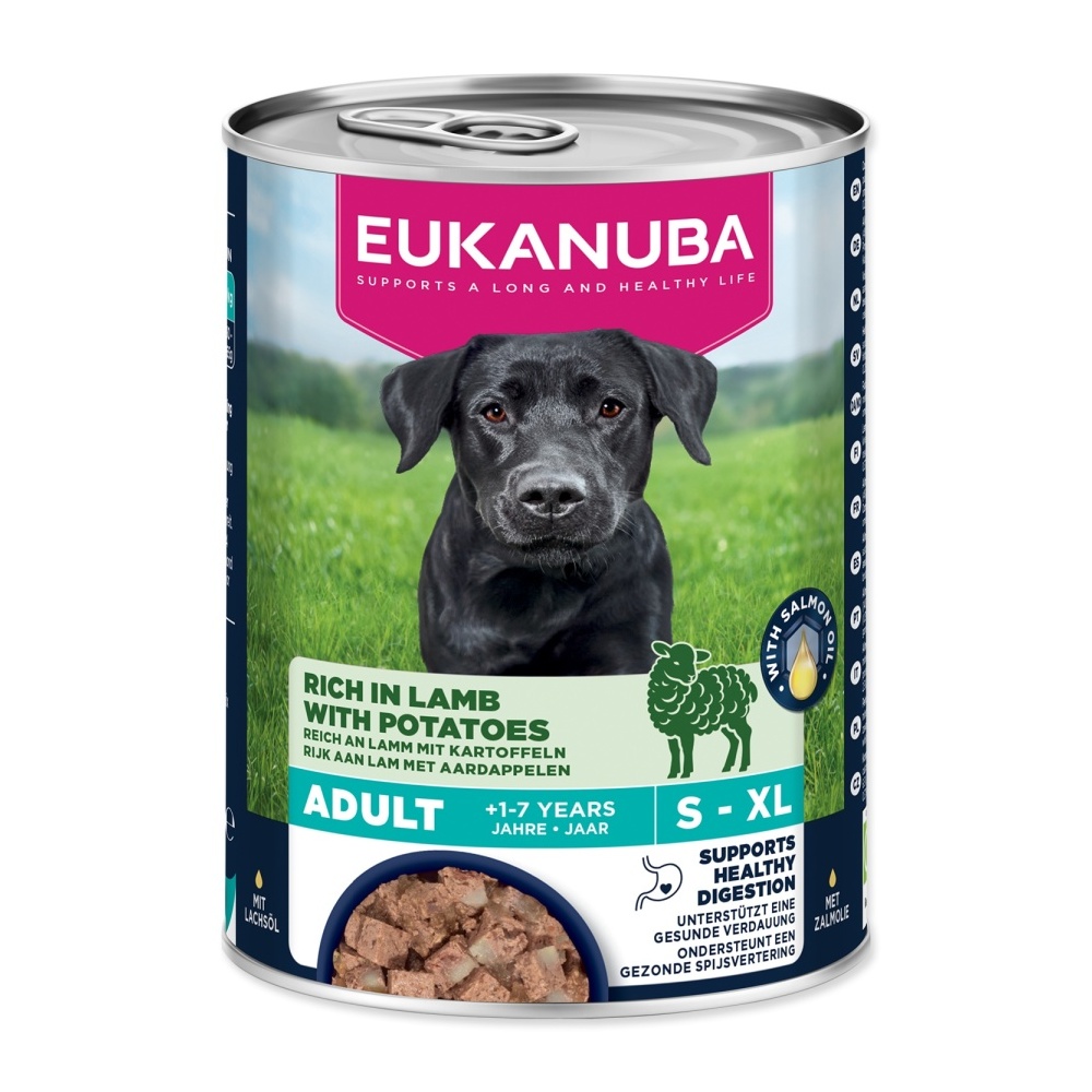 Eukanuba Adult konzerva bohatá na jehněčí s bramborami 400 g