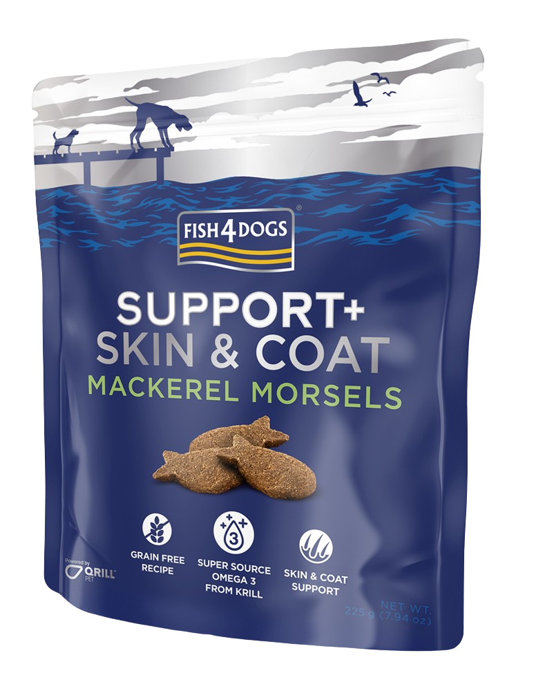 FISH4DOGS Support+ Skin & Coat, Pamlsky pro psy na podporu srsti s kousky makrely 225 g