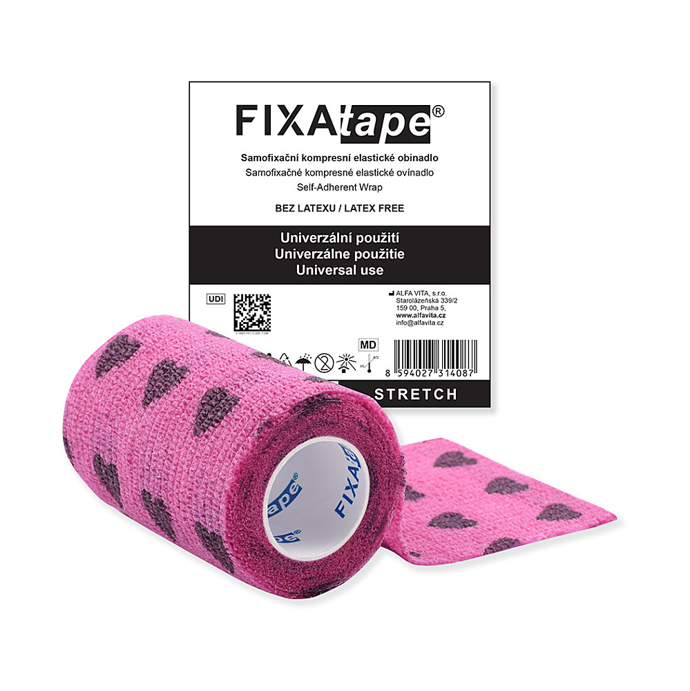 FIXAPLAST Fixatape stretch samofixační obinadlo 7,5 cm x 450 cm růžové srdce 1 kus