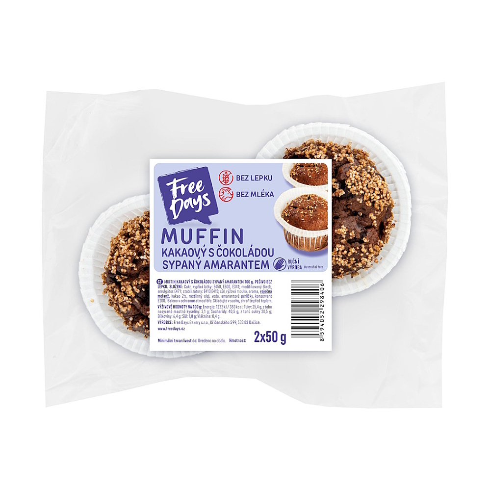 FREE DAYS Bezlepkový muffin kakaový s čokoládou sypaný amarantem 2 kusy