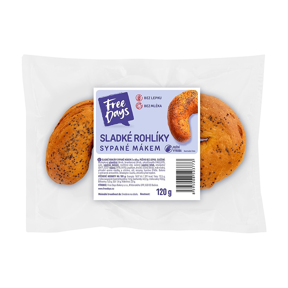 FREE DAYS Bezlepkový rohlík sladký sypaný mákem 2 kusy