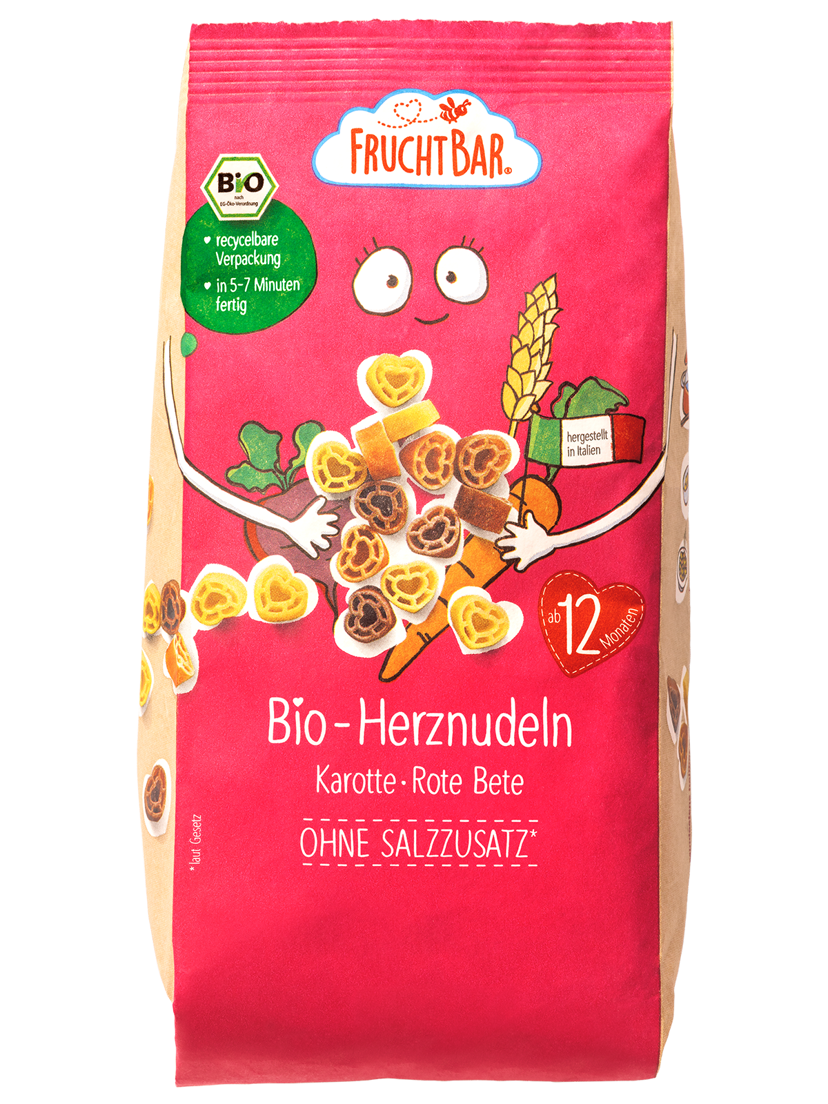 FRUCHTBAR BIO Těstoviny srdíčka s mrkví, řepou a pšenicí 300 g