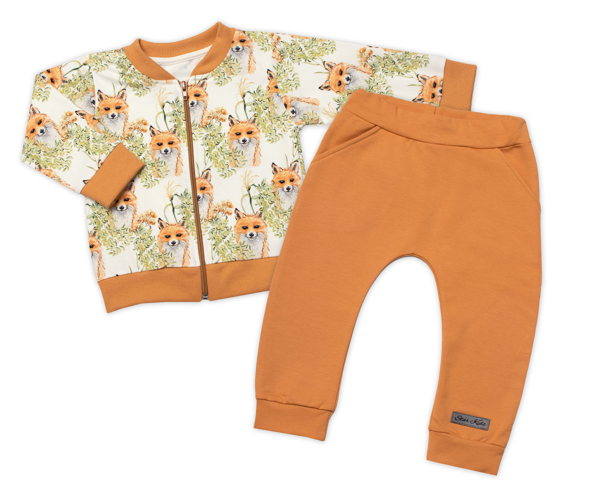 G-baby Stylová bavlněná tepláková souprava ,  Lišky - hořčicová, vel. 92