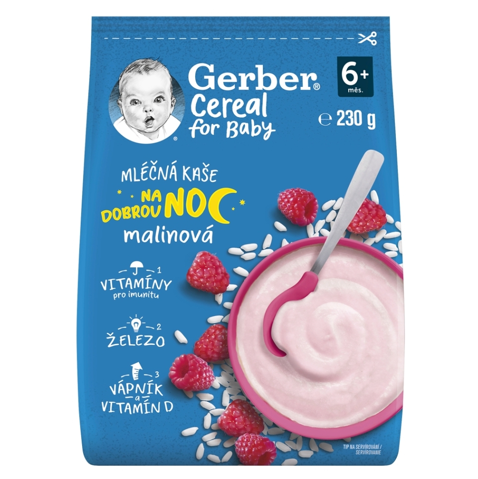 GERBER Cereal mléčná kaše malinová na dobrou noc 6m+ 230 g