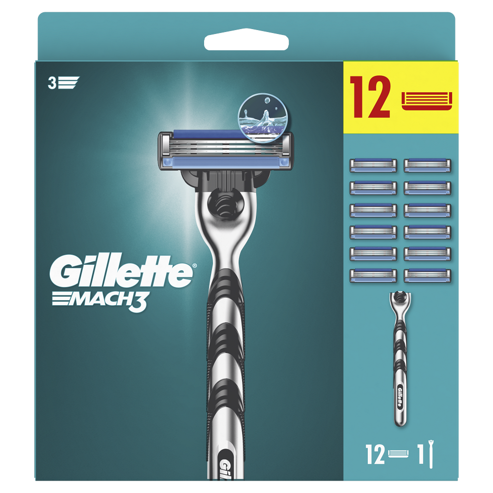 GILLETTE Mach3 Holící strojek + Náhradní hlavice 12 kusů