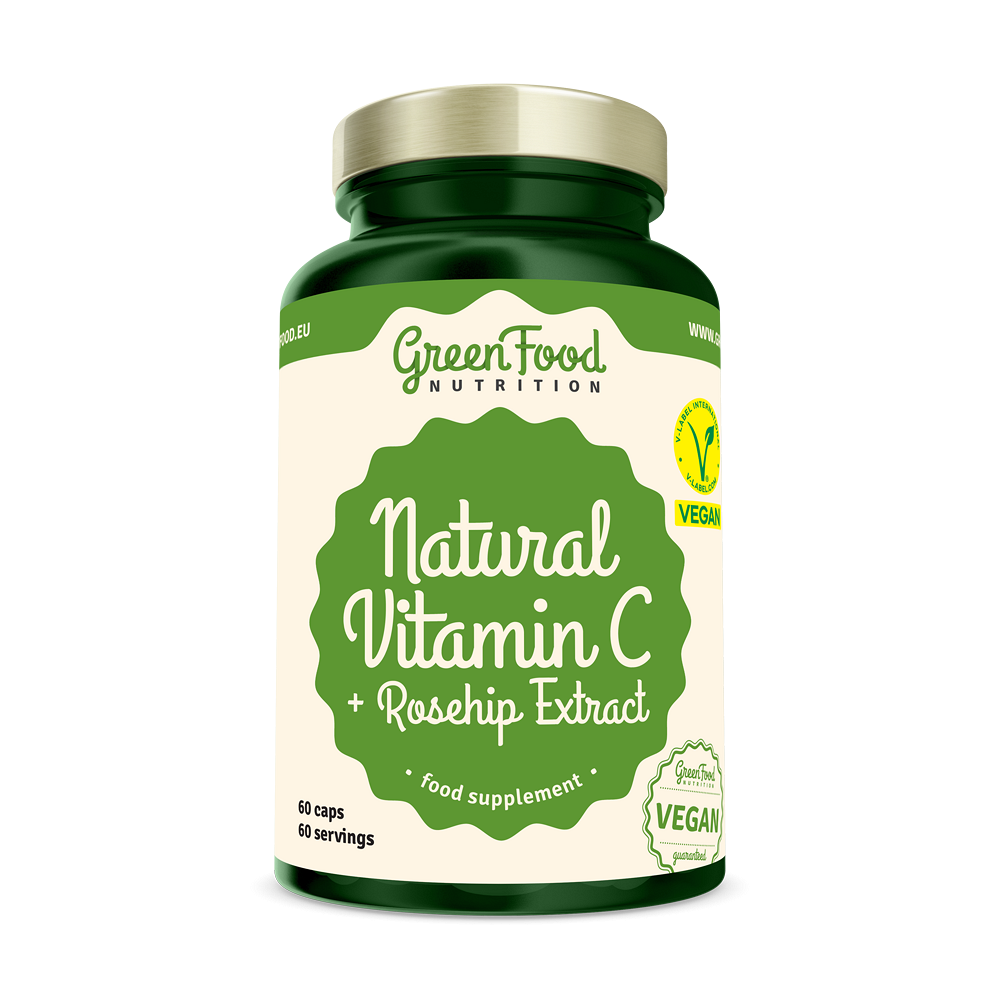 GREENFOOD NUTRITION Natural Vitamin C + Rosehip Extract 60 kapslí