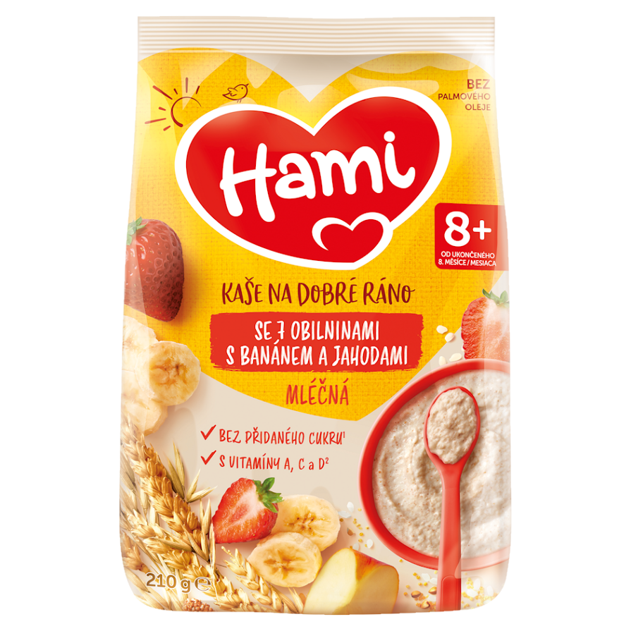 HAMI Mléčná kaše se 7 obilninami s banánem a jahodami na Dobré ráno 8m+  210 g