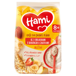 HAMI Mléčná kaše se 7 obilninami s banánem a jahodami na Dobré ráno 8m+  210 g