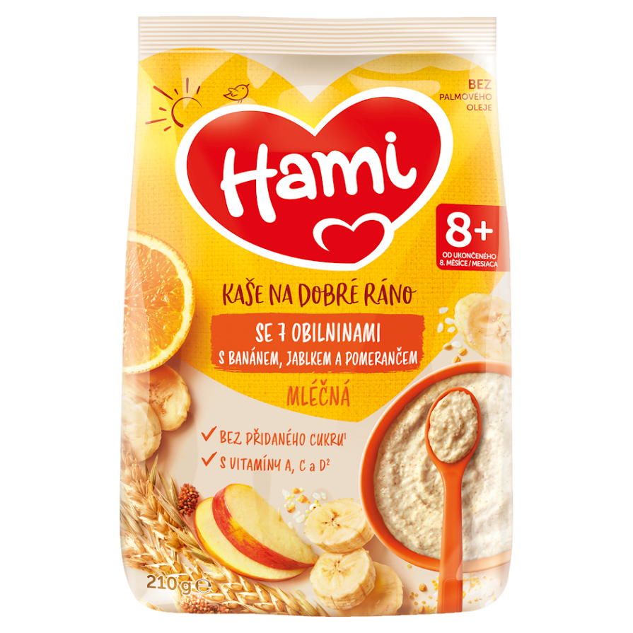HAMI Mléčná kaše se 7 obilninami s banánem, jablkem a pomerančem na Dobré ráno 8m+ 210 g