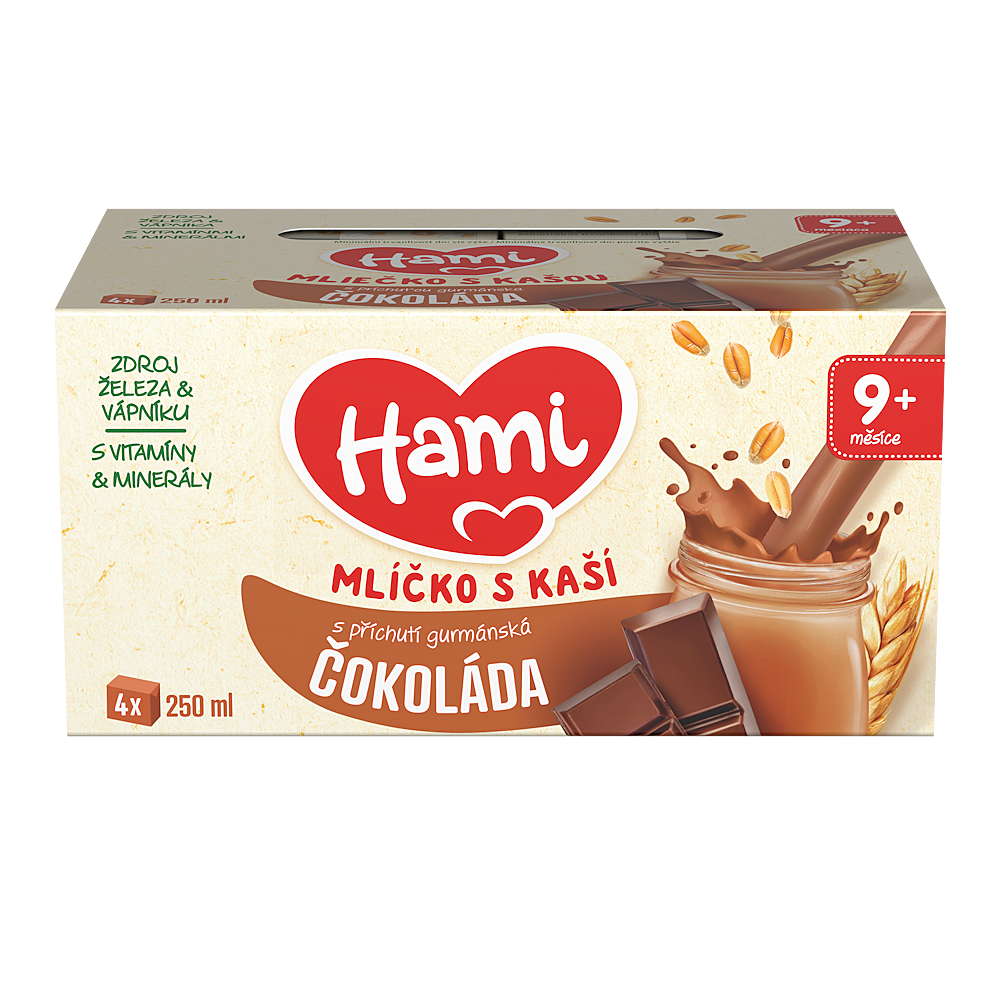 HAMI Mlíčko s kaší s příchutí čokoláda 9m+ 4 x 250 ml