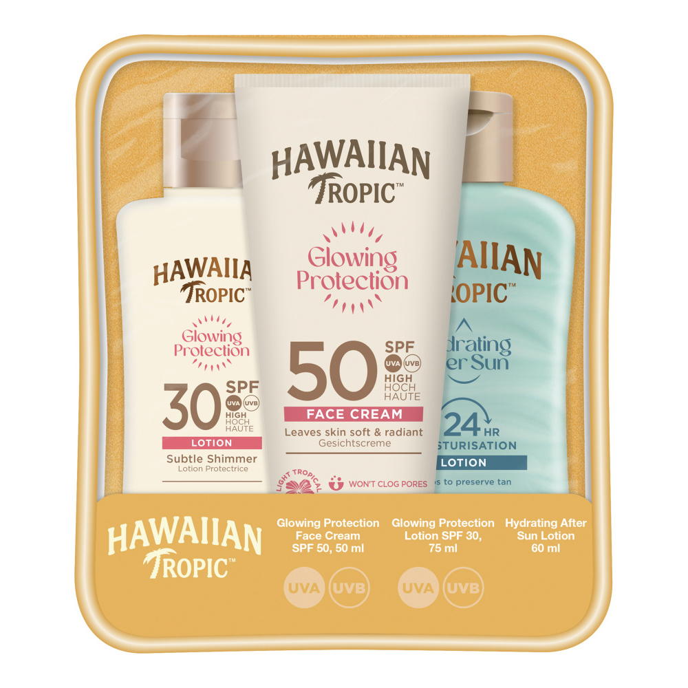 Hawaiian Tropic Glowing Protection Face Cream SPF 50 + Lotion SPF 30 + After sun lotion cestovní set na opalování 3 ks 50 + 75 + 60 ml