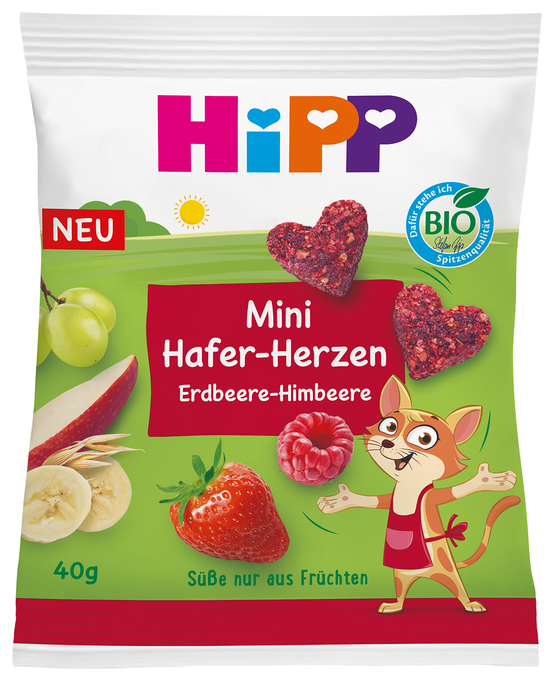 HIPP BIO Ovocno-obilná srdíčka Jahoda-Malina 40 g