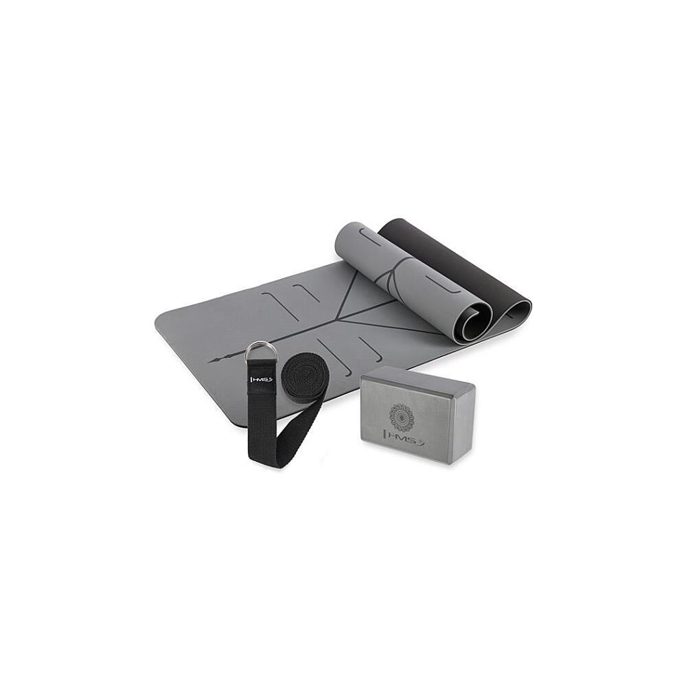 HMS Šedá sada na jógu podložka YM10, jóga blok KJ02 a popruh SJ02