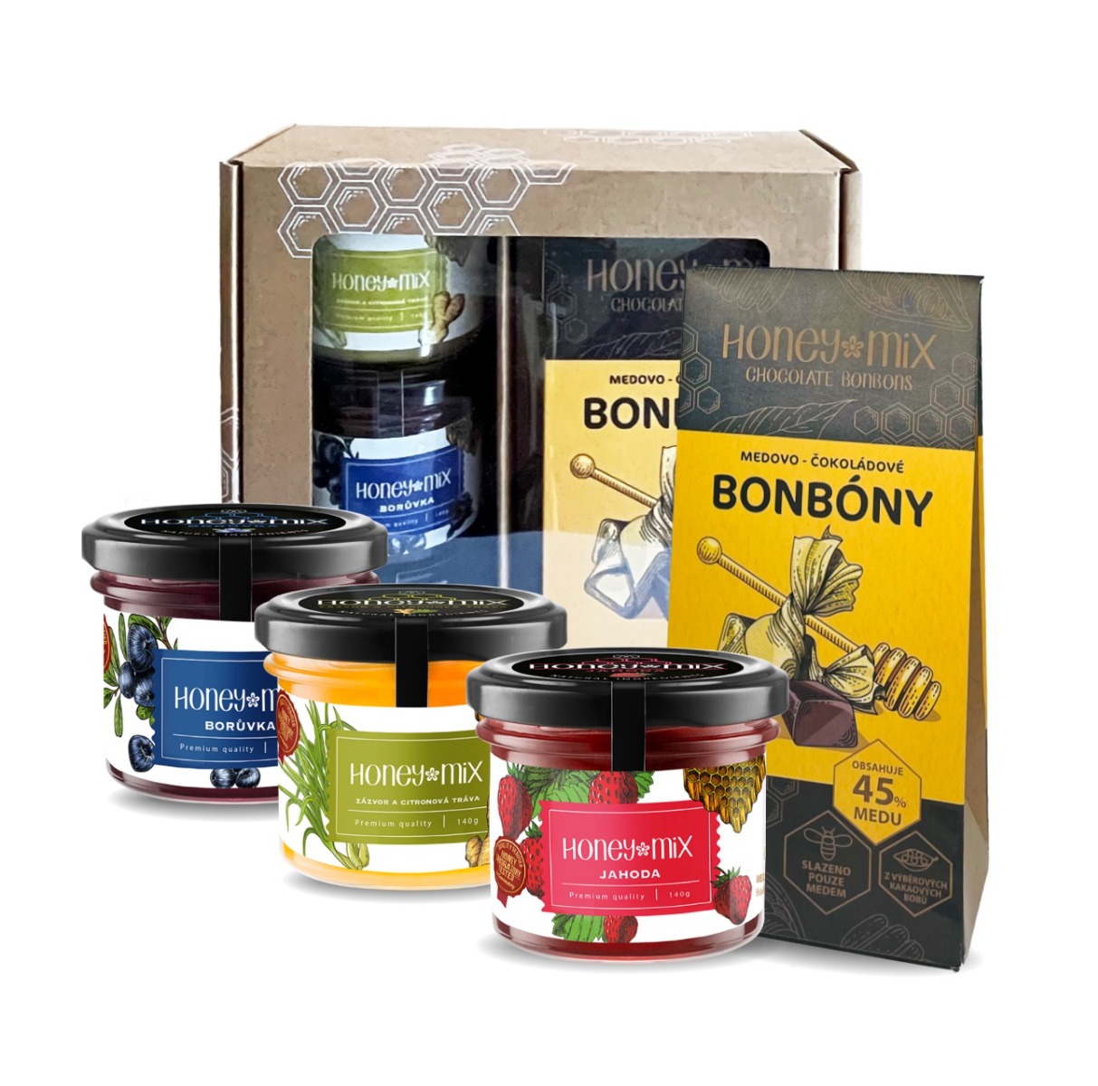 HoneyMix Dárková sada medů a medovo-čokoládové bonbony 3x140 g + 1x85 g