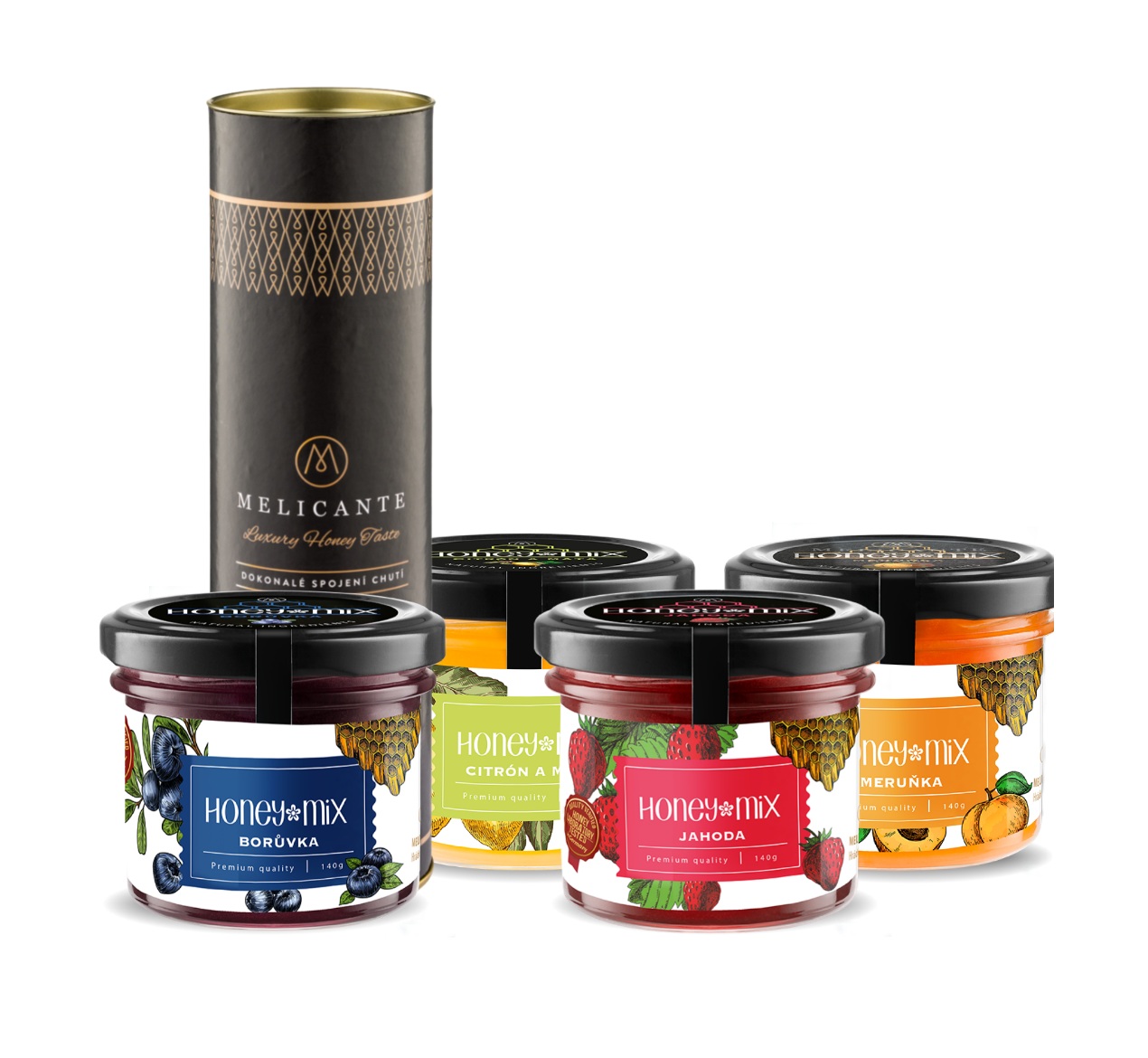 HoneyMix Dárková sada medů Borůvka, meruňka, jahoda a citrón-máta 4x140 g