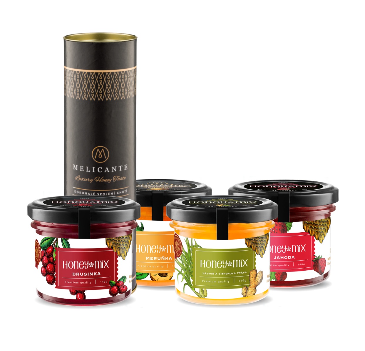 HoneyMix Dárková sada medů Brusinka, meruňka, jahoda a zázvor 4x140 g