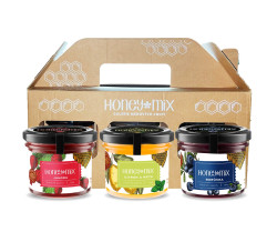 HoneyMix Dárková sada medů Jahoda, borůvka a citrón-máta 3x140 g