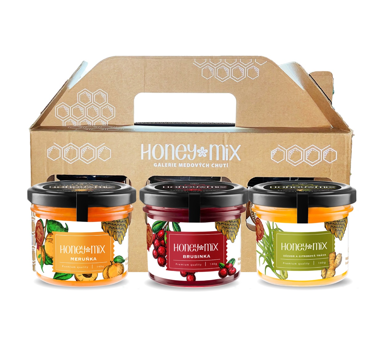 HoneyMix Dárková sada medů Meruňka, brusinka a zázvor 3x140 g