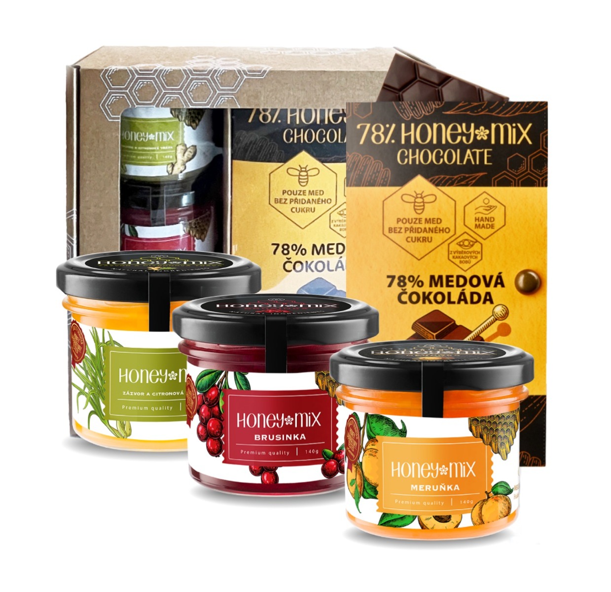 HoneyMix Dárková sada medů s medovou čokoládou 3x140 g + 1x60 g