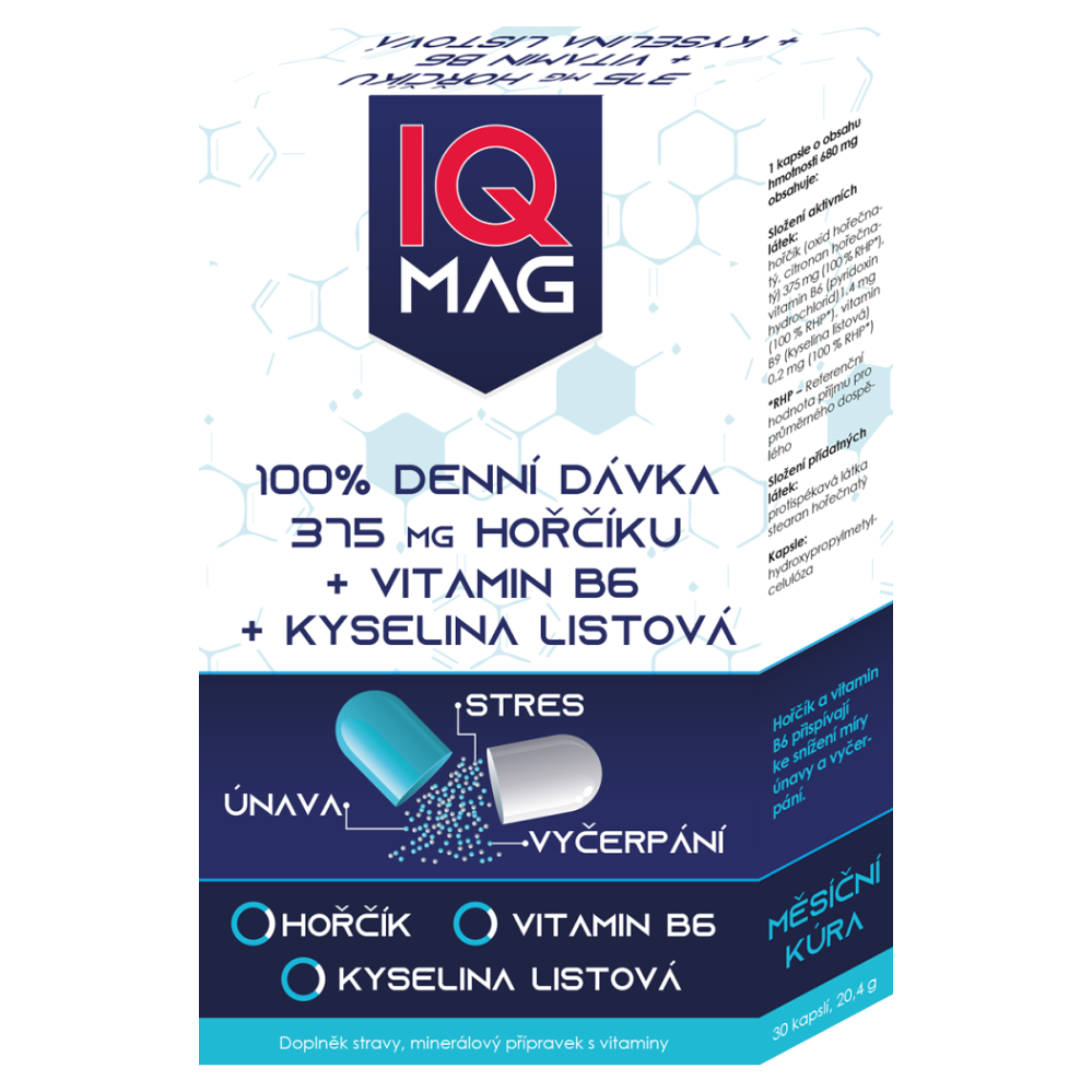 IQ MAG hořčík 375 mg + B6 + kyselina listová 30 kapslí