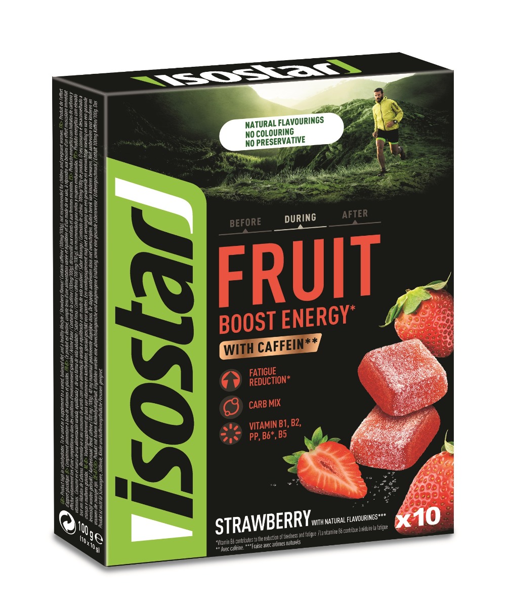 Isostar Fruit Boost Energy jahoda želé s kofeinem 10x10 g