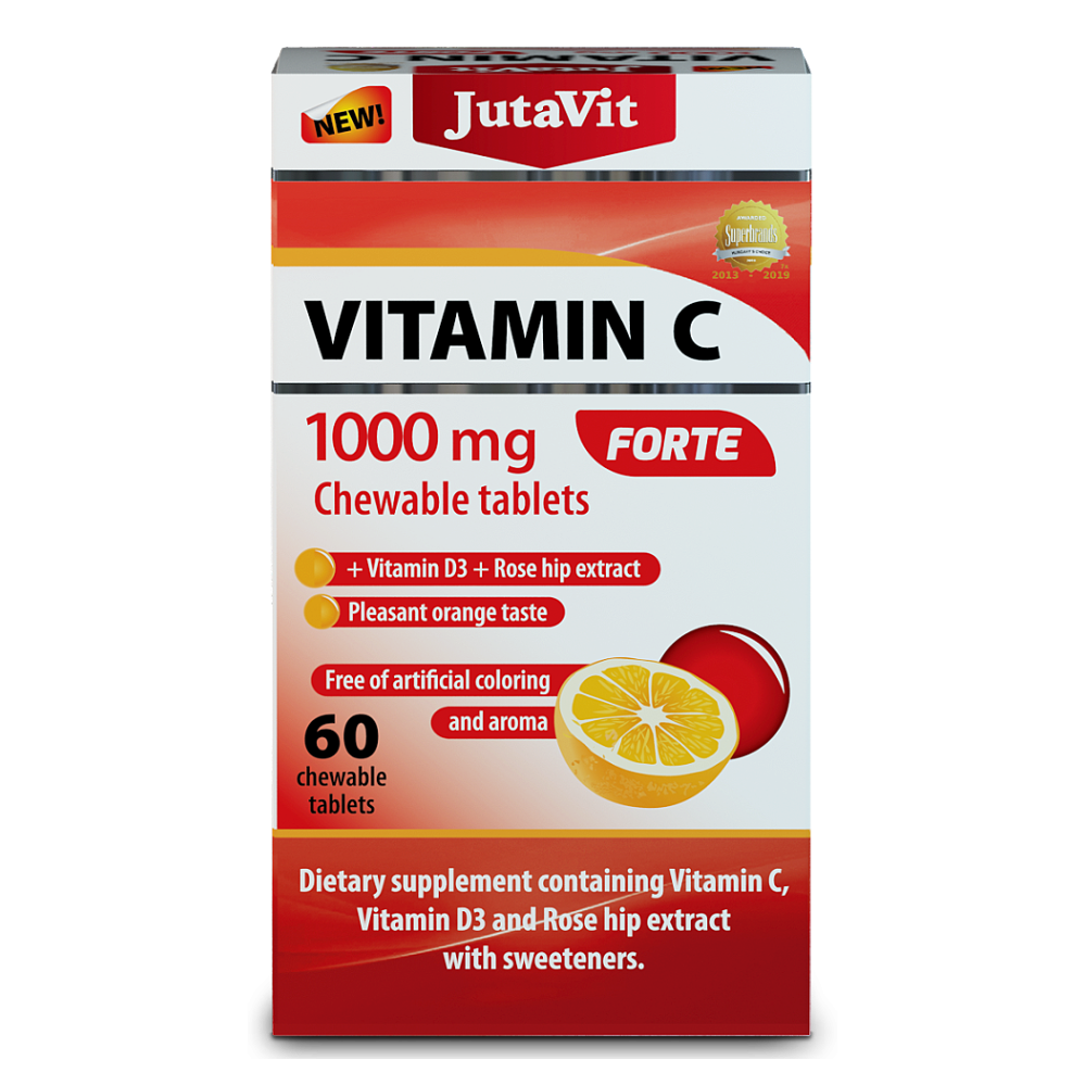 JUTAVIT Vitamín C 1000 mg forte + vitamín D3 2000IU + extrakt ze šípků 25 mg 60 žvýkacích tablet
