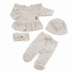 Kazum Pletená ažurková sada, tunika, polodupačky, čepička + čelenka, vel. 62