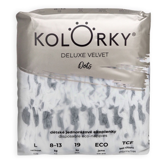 KOLORKY DELUXE VELVET Jednorázové EKO plenky puntíky L (8-13 kg) 19 kusů