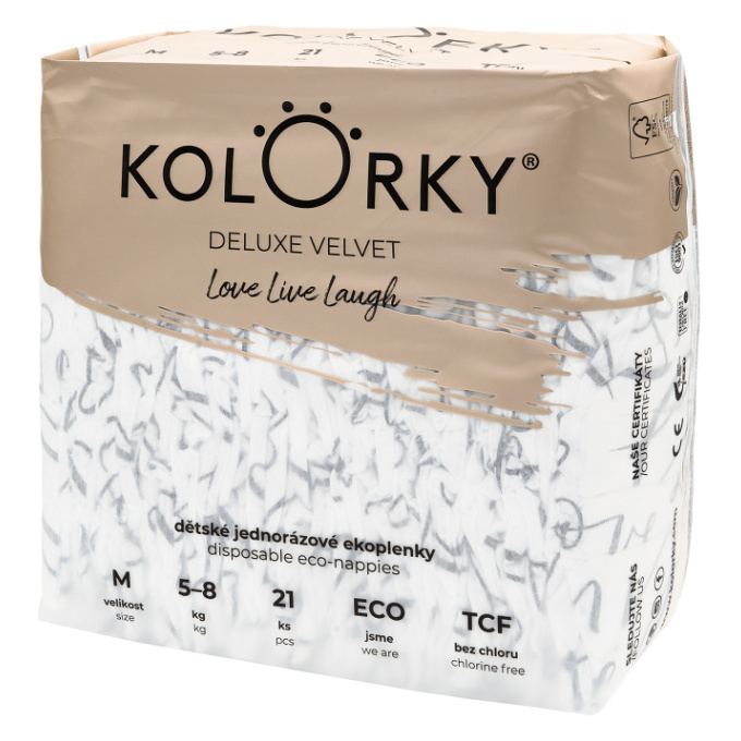 KOLORKY DELUXE VELVET Jednorázové EKO plenky se sametovým povrchem M (5-8 kg) 21 kusů