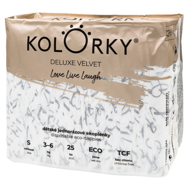 KOLORKY DELUXE VELVET Jednorázové EKO plenky se sametovým povrchem S (3-6 kg) 25 kusů