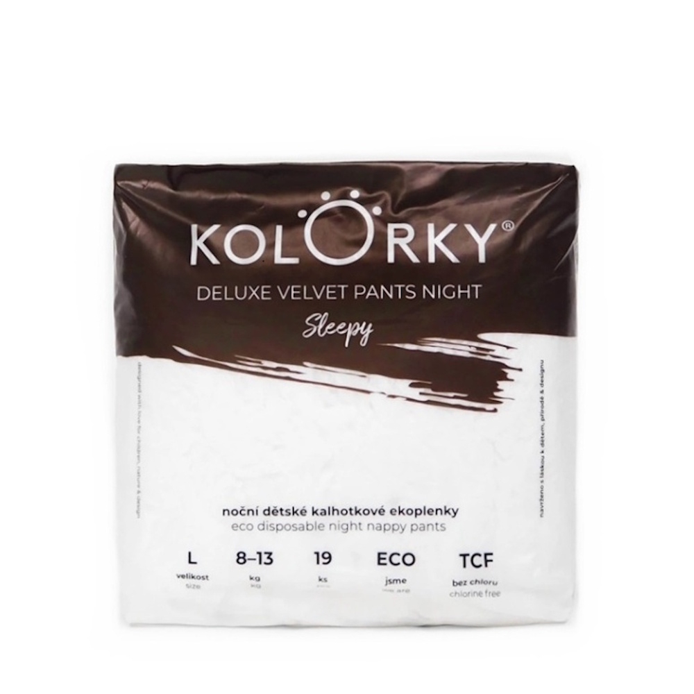 KOLORKY Deluxe Velvet noční kalhotkové plenky sleepy L (8-13 kg) 19 ks