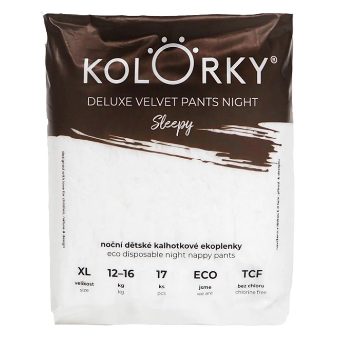 KOLORKY Deluxe Velvet noční kalhotkové plenky sleepy XL (12-16 kg) 17 ks