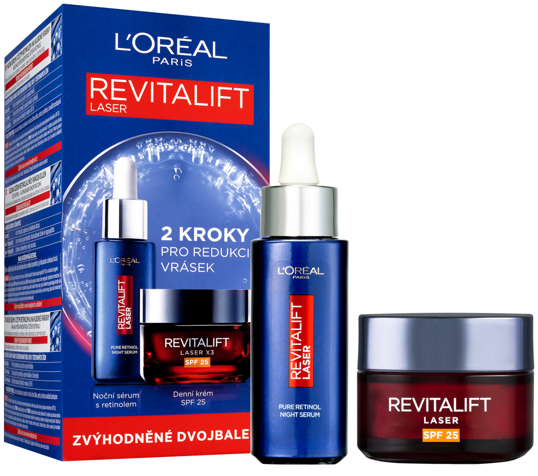 L'ORÉAL PARIS Revitalift Laser noční sérum s 0.2% čistého retinolu, 30 ml + Revitalift Laser X3 denní krém SPF 25, 50 ml