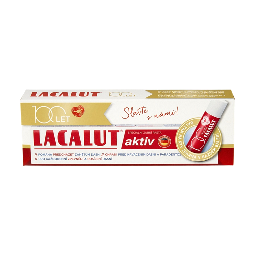 LACALUT Aktiv zubní pasta 75ml+balzám na rty 100 let edice