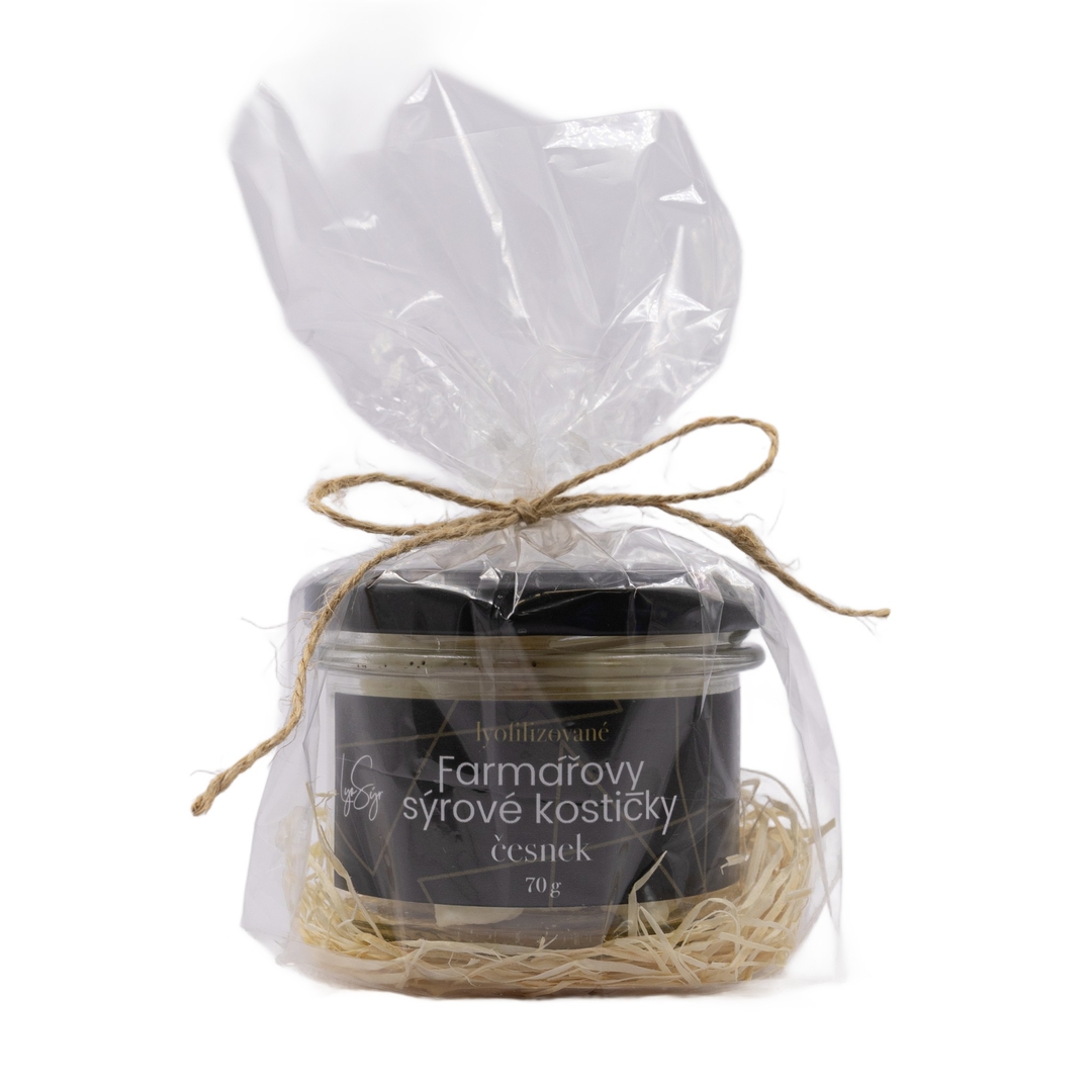 Lyopotraviny Farmářovy sýrové kostičky - česnek, 70 g, Dárkové balení