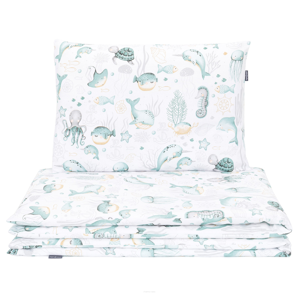Mamo Tato Mantinel s povlečením do postýlky, 3D sada Minky, Oceán, zelená/písková/bílá