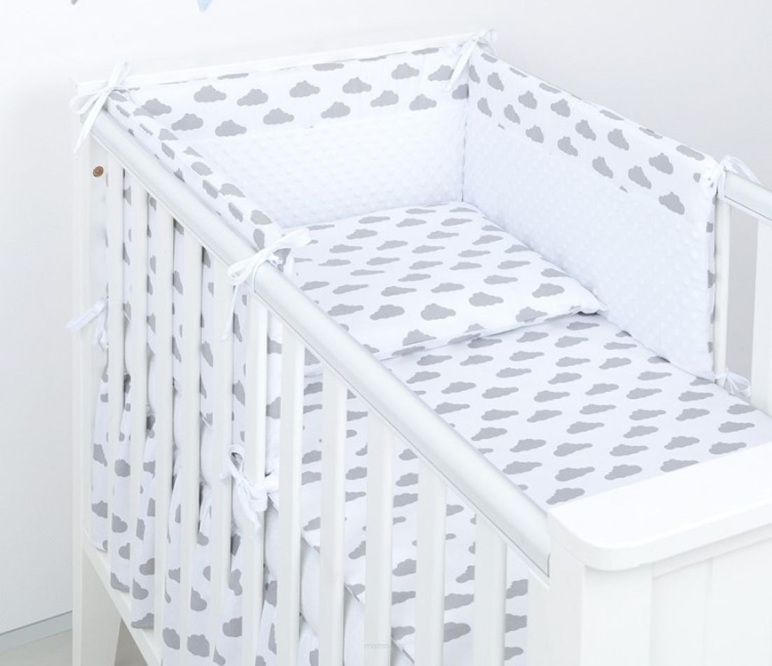 Mamo Tato Mantinel s povlečením do postýlky, 3D sada, Obláčky, 135x100 cm, bílá, šedá