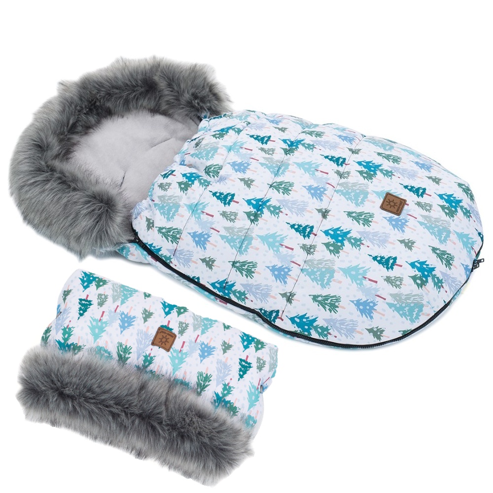 Mamo Tato Zimní fusak Lux s kožešinkou + rukávník, Zimní les, 50 x 100cm - šedý/zelený