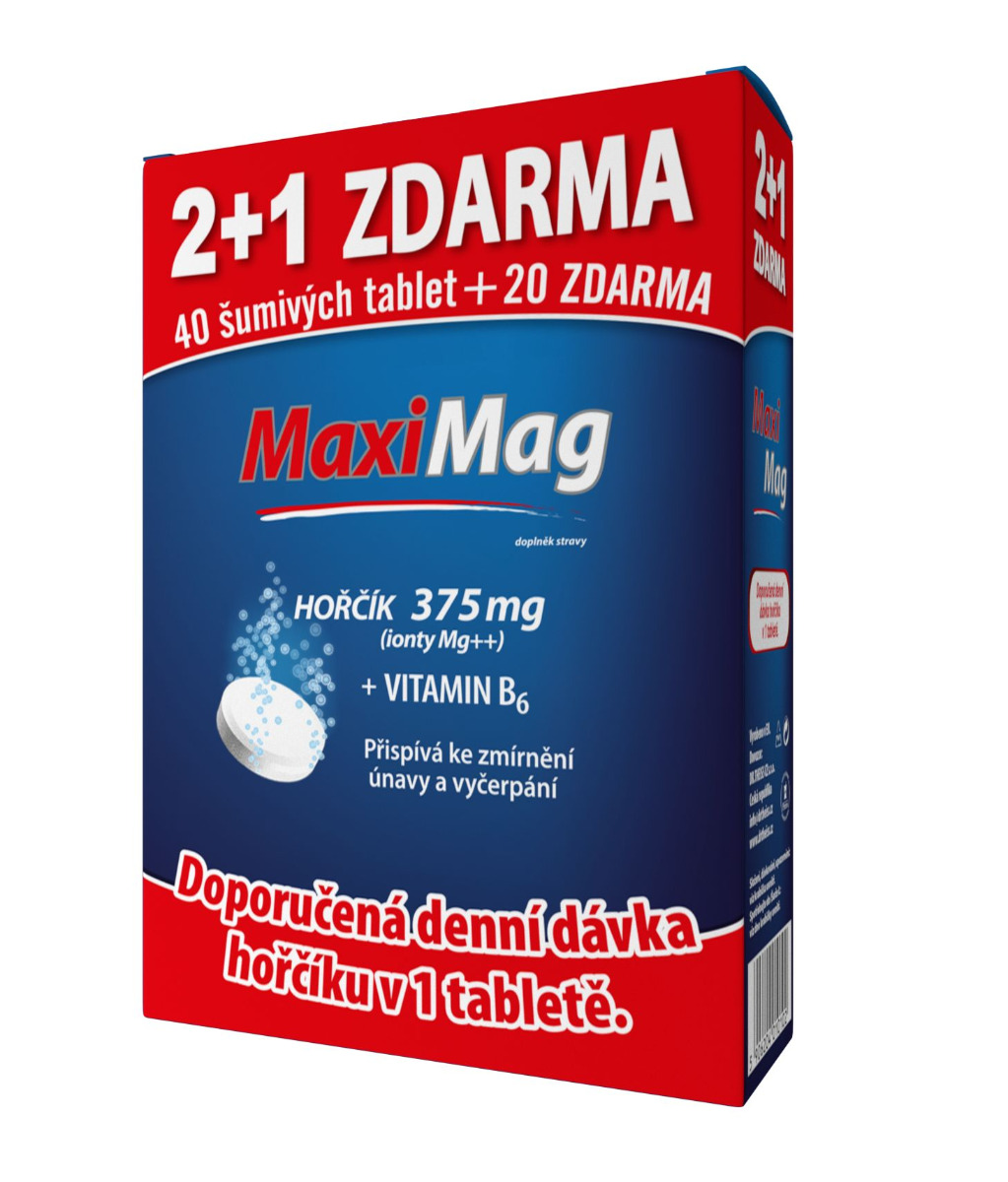 MaxiMag Hořčík 375 mg + B6 3x20 šumivých tablet 2+1 zdarma