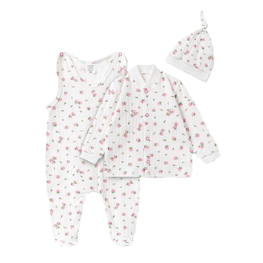 MBaby Bavlněná 3D sada, dupačky s košilkou + čepička, Amélie, bílá/růžová