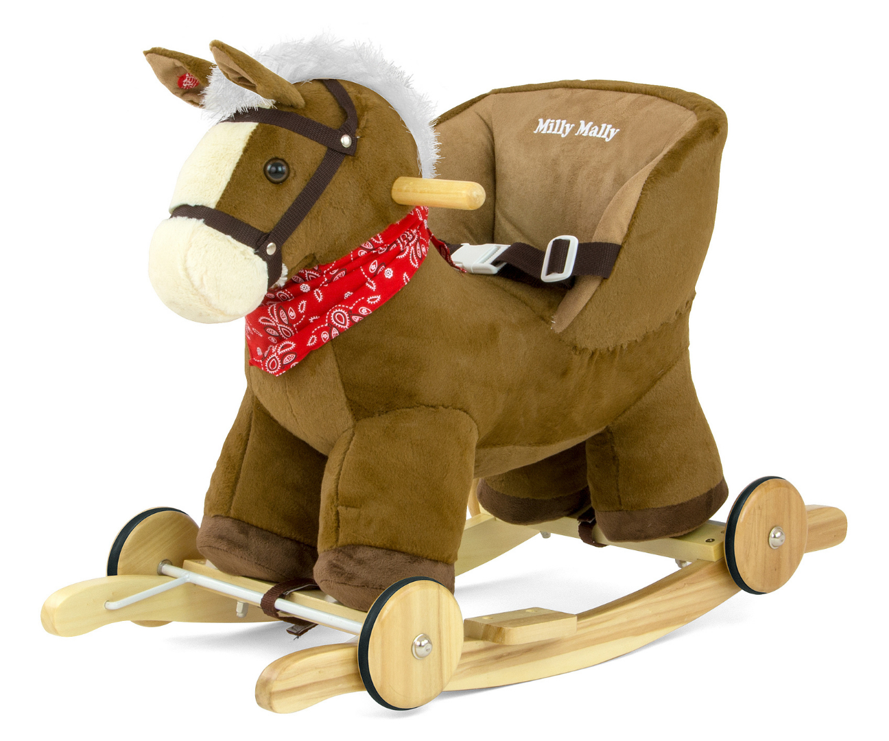 Milly Mally Houpací koník Polly 2v1 s kolečky – plyšový, zvukový, tm. hnědý