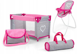 Milly Mally Sada pro panenky 5v1, postýlka, židlička a houpačka Elsa - šedá, růžová