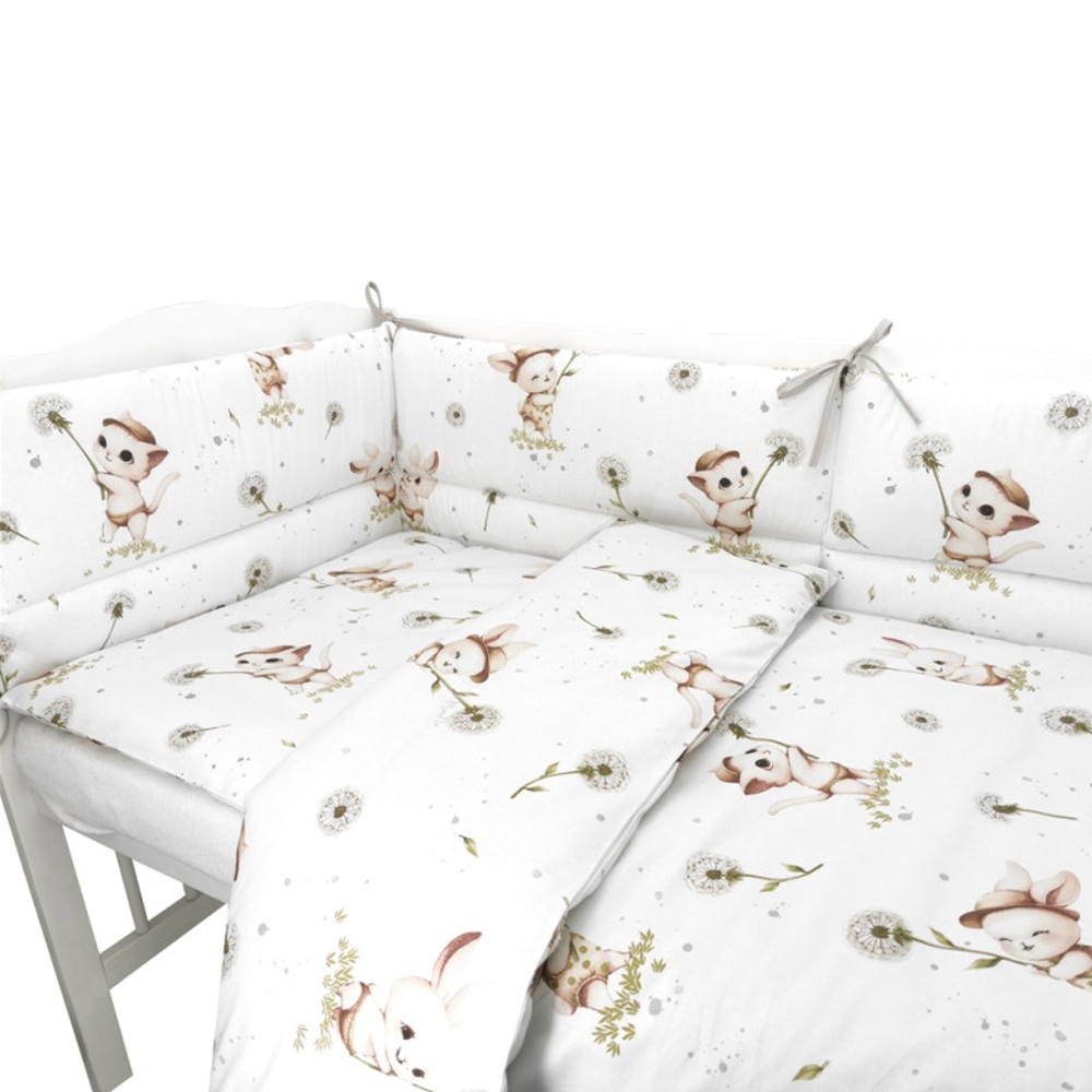 Miminu Mantinel s povlečením do postýlky, 3D sada Bavlna, Kocourek a pampeliška - bílá