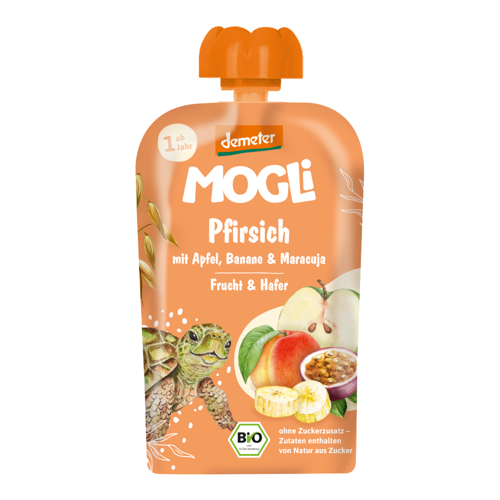 MOGLi BIO Broskvová kapsička s jablkem, banánem, marakujou a ovesnými vločkami 100 g