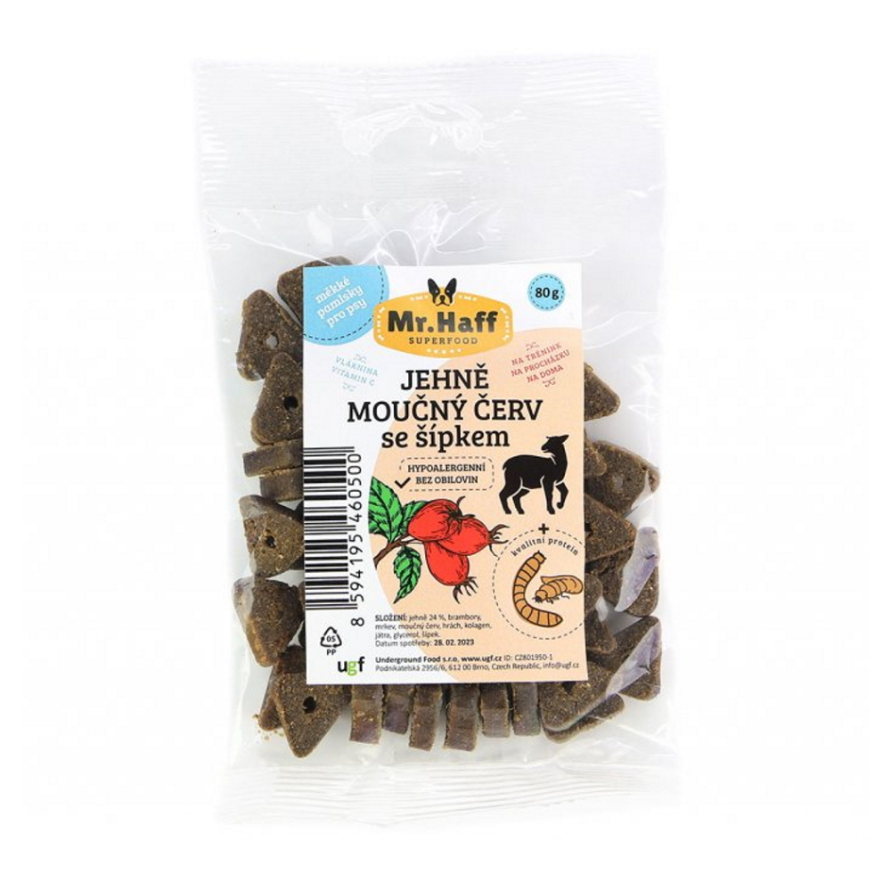 MR. HAFF Pamlsky pro psy jehněčí moučný červ se šípkem 80 g