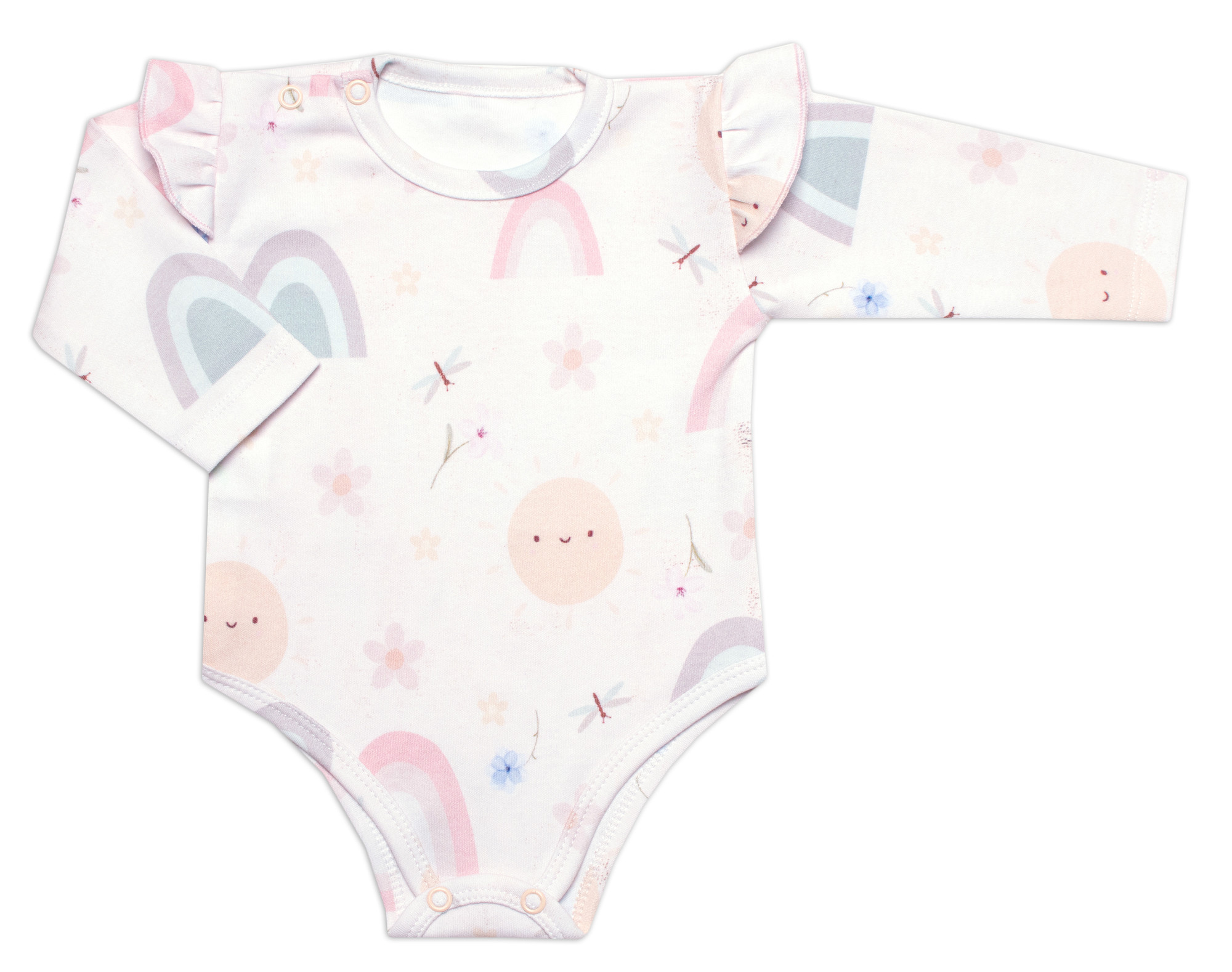 Mrofi Body dl. rukáv s volánkem, bavlna, zapínání u krku , Rainbow - bílé, vel. 80